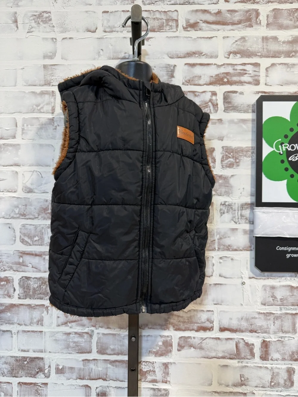 Black dinosaur Puffer Vest with Faux Fur Trim